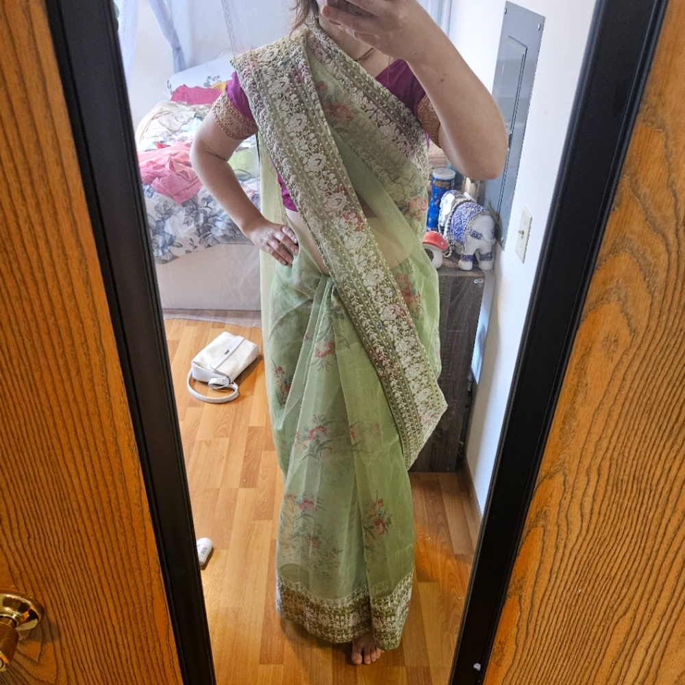 Green Saree organza with lace